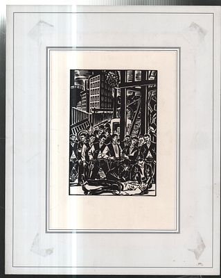 Мазерель Ф. Иллюстрация из графического романа "Город". . Наклеена на картон. 27 х 34,5 см. 