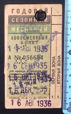 Сезонный билет на пригородные поезда 1 и 2 зоны. Ленинград. 1936 г. . Размер 4.6 х 9 см. 