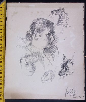 Рисунок В. Лебедева с силуэтами Сарры Лебедевой и автографом художника. М. 1943 г. Картон 