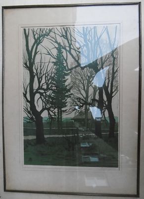 Линогравюра в раме &laquo;Осень в Ахтырке&raquo;. Художник Лидия Вертинская (1923-2013). 35х48 см. рамка 