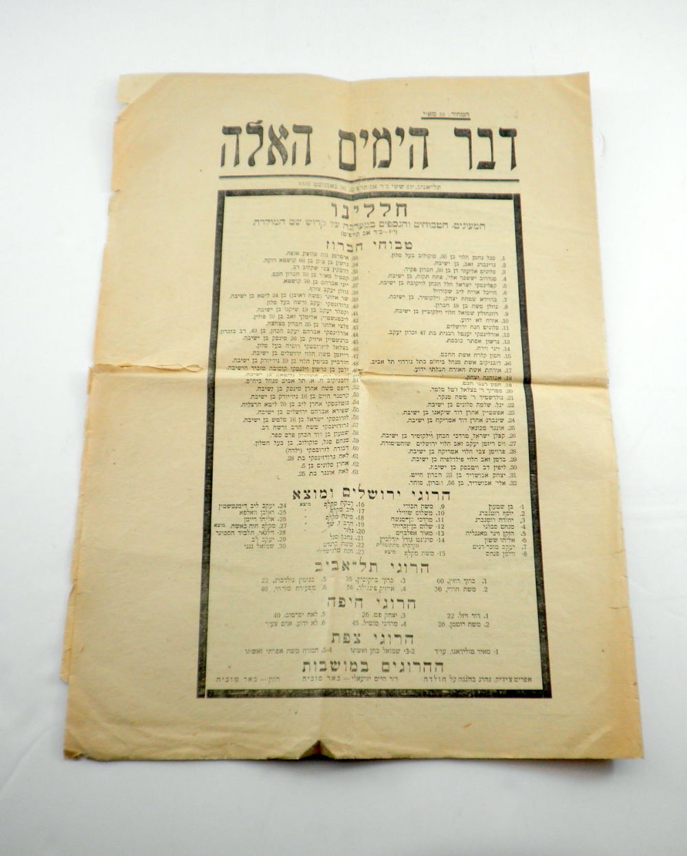 עיתון "דבר הימים האלה", עם כותרת "חללינו המעונים, הטבוחים והנספים במערכה על קדוש שם המולדת", תל 