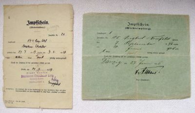 2 Vaccination certificates (Impfscheine) of Jewish Children, 1906, 1929, Germany 1.Impfschein 