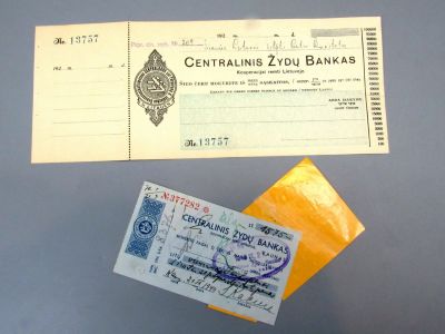 Receipt and Check of Lithuanian Jewish Bank 'Centralinis Zydu Bankas', First Half of 20th 