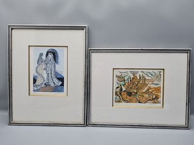 אילן חסון, לוט 2 הדפסים ליטוגרפים יהודים, הכולל: 1. כלה יהודיה, 2. בית המקדש. ההדפסים משולבים