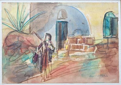 אליהו סיגרד (1901-1975), אישה ערבייה, צבעי מים על נייר, חתום, ממוסגר עם פספרטו תחת זכוכית