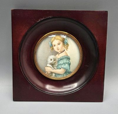 מיניאטורה ציור יד אירופאית ישנה "ילדה עם כלב". מיניאטורה ציור יד אירופאית ישנה, המאה ה-20 