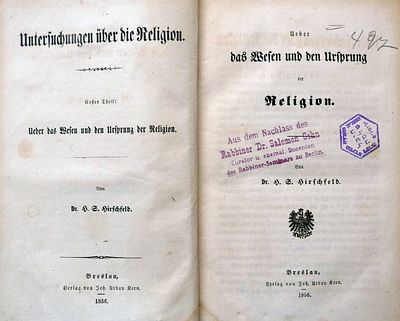 Ueber das Wesen und den Ursprung der Religion“ von Hirsch S. Hirschfeld, 1856, in GermanWrocław 