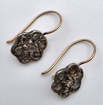 Pair of Antique 9K Gold and Silver Drop Earrings Set with Old Diamonds. Pair of antique 9K gold 