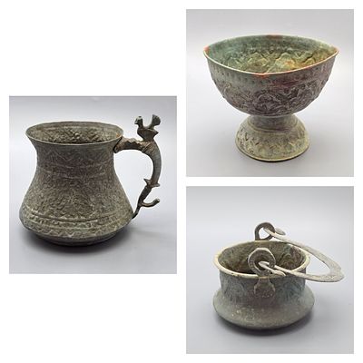 Assortment of 3 Old Islamic Copper Vessels. Assortment of 3 old Islamic copper vessels, 20th 