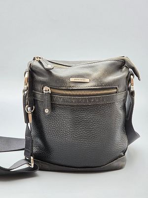 Classic Black Leather Shoulder Bag by French Fashion Brand Pierre Cardin. Classic black leather 