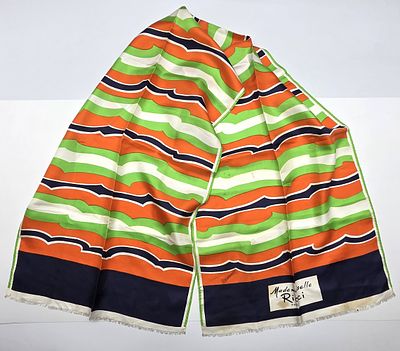 Vintage Mademoiselle Ricci Scarf, rectangular design with geometric stripes in orange, green 