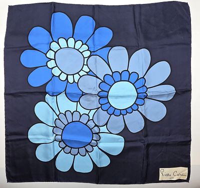 Vintage Pierre Cardin Scarf, square design with blue floral pattern. Features company logo. 