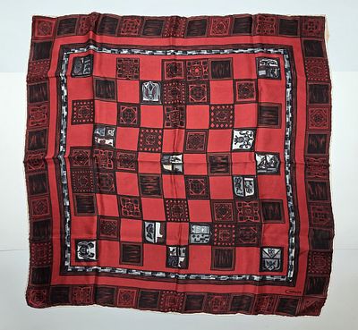 Vintage Caruso Scarf, square design with square patterns in red, grey, and black. Features 