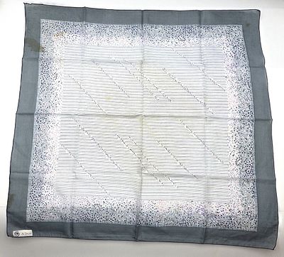 Vintage Sibel Scarf, square design with floral patterns in grey, blue, and purple. Features 