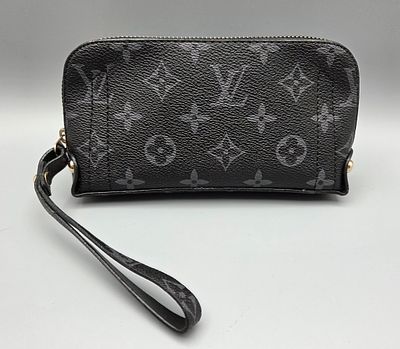 Small Fashionable Pouch Bag, black faux leather with gilded zipper and strap. Single 