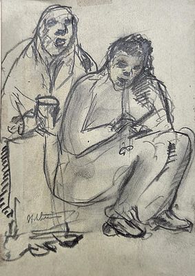 Isidor Aschheim (Germany – Israel, 1891–1968), Charity Collectors. Pencil drawing on paper. 