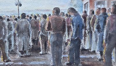Unidentified Artist, Gathering of People. Watercolor on old quality paper, 1940s (post-war). 