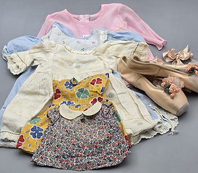 A Collection of Vintage Doll Clothing and Pointe Dance Shoes. A collection of vintage doll 