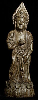 A rare, Korean Celadon (?) Quan Yin-Large at 15.5 inches- RARE. A rare, antique pottery Quan Yin 