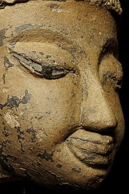 12/13thC Pagan Buddha Head sculpted in Clay/Stucco/Teracotta- Distinctive. Here we present an 
