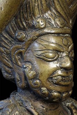 Antique Nepalese fierce deity. 6.75 inches tall, 5 5/8 inches at widest point. Well cast, rare 