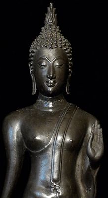Tall 19thC Sukhothai Style Buddha w/ Base. Beautifully cast 19th to 20thC walking Sukhothai 