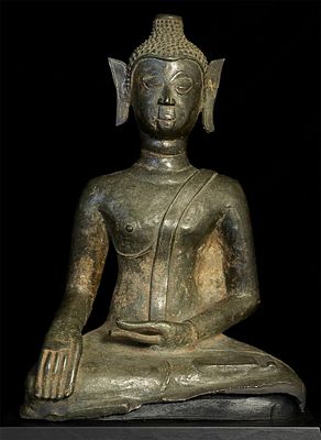 15thC Large, Unique Joyful Laos Bronze Buddha- Folk-Style. Fifteenth-century Lao Buddha in a 