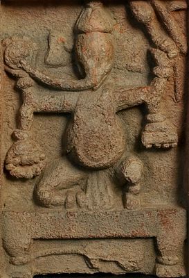 Architectural Dancing Ganesh. Delightful very old architectural piece depicting a dancing 4 arm 