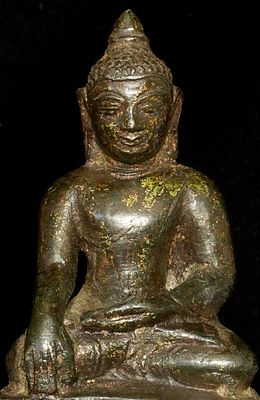 14thC Burmese Buddha, Remains of Orig. Guilding. Very good post-Pagan Burmese Buddha. Remains of 