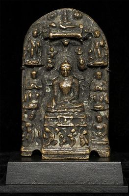 BUDDHA India Bronze, Solid-cast Pala style bronze Buddha stele with images from the life of the 