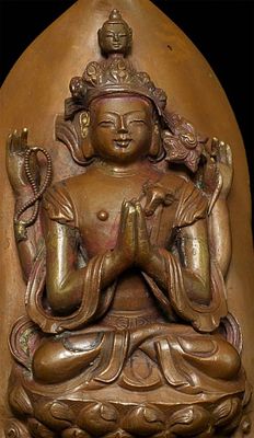 18thC Tibetan copper Repousse Bodhisattva on stylized leaf.- Either from a lotus mandala or a 