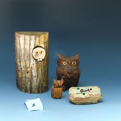 Three Mid Century Owl carvings and a petrified wood with mini owl 3X2.5 inches, vintage 