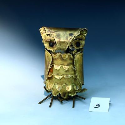 1960s Brutalist torch cut brass metal owl and a so. 1961s Brutalist torch cut brass metal owl 