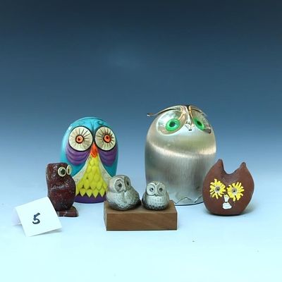 Mid Century Napier metal owl piggy bank and Bola R. Mid Century Napier metal owl piggy bank with 