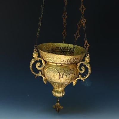 Antique religious church altar lamp Putti angels, copper with brass plate 29 inches length 6.5 