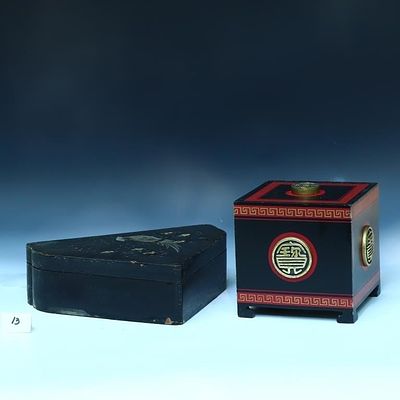 Antique Chinese black lacquered inlay top triangular box 11.5X8X3.25 inches, has chips and 