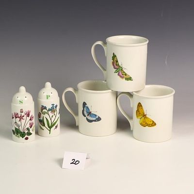 Three Portmerion mugs and salt & pepper shakers. Three Portmerion mugs 3 3/4X3 inchesand salt & 
