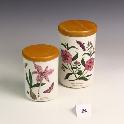 Two Portmerion jars with wooden lids 5.5X4 inches, 4.5X7 inches