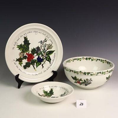 Three pieces of Portmerion Holly Berry Ivy, 2 bowls 6.7 diameter, 9X4.5 inches tall and a plate 