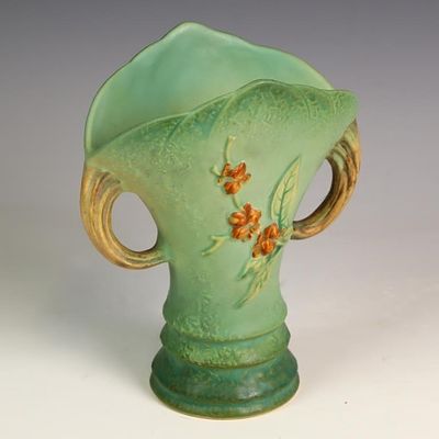 Roseville Pottery USA 1940 bittersweet pattern 884 8 double handles, has crazing, 8X7X4.25 inches