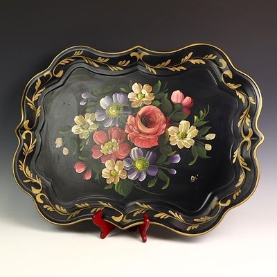 Vintage large handpainted toleware signed tray