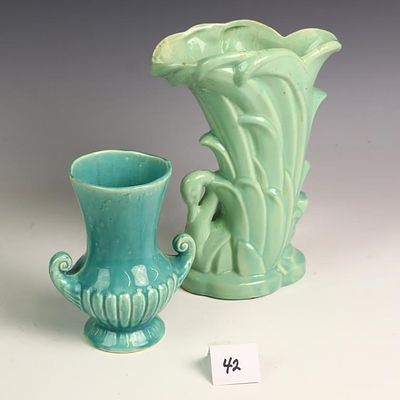 Two vintage McCoy vases, green color, 9X7X4 inches, 6X5 inches