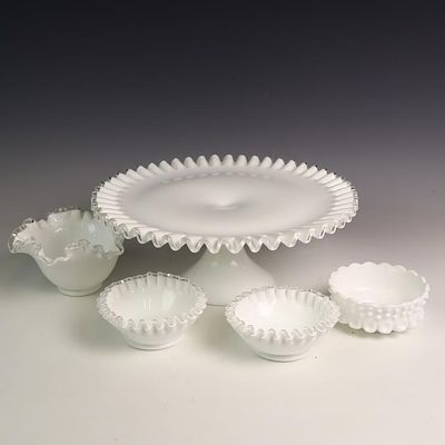 Vintage milk glass ruffled top bowls and cake platter 13 inches diameter 5 inches tall and 