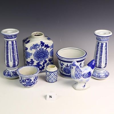 Blue and white Oriental lot, tallest is 9 inches tall candlesticks