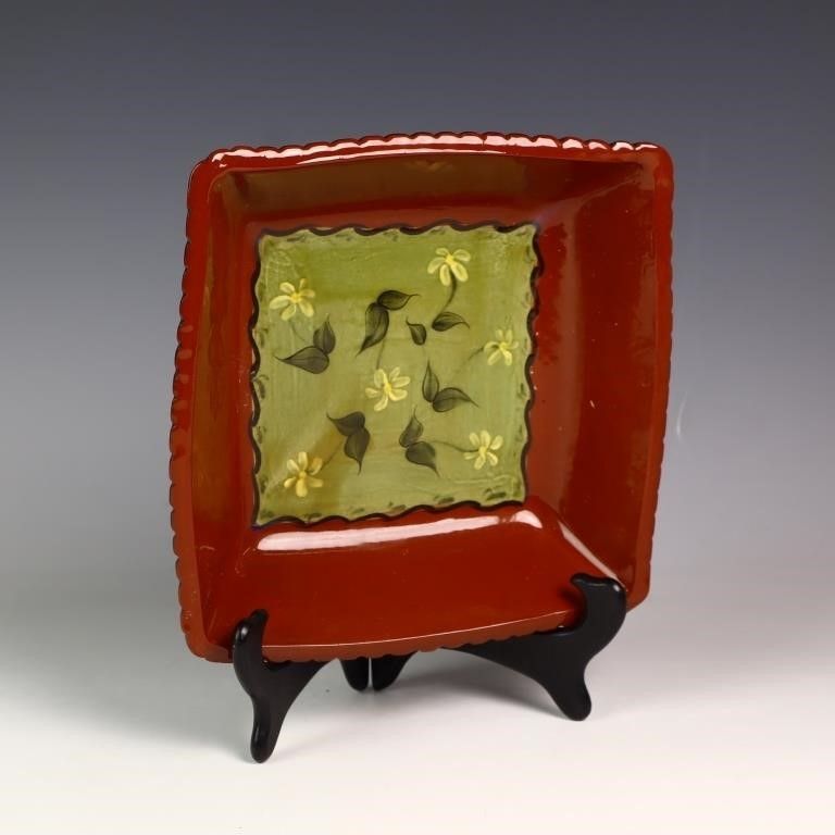 Lot 169: Eldreth Pottery redware square bowl 9X9X2 inches