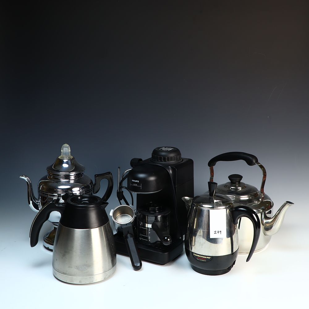Lot 279: Lot of coffee pots, percolator and Krups coffeemaker
