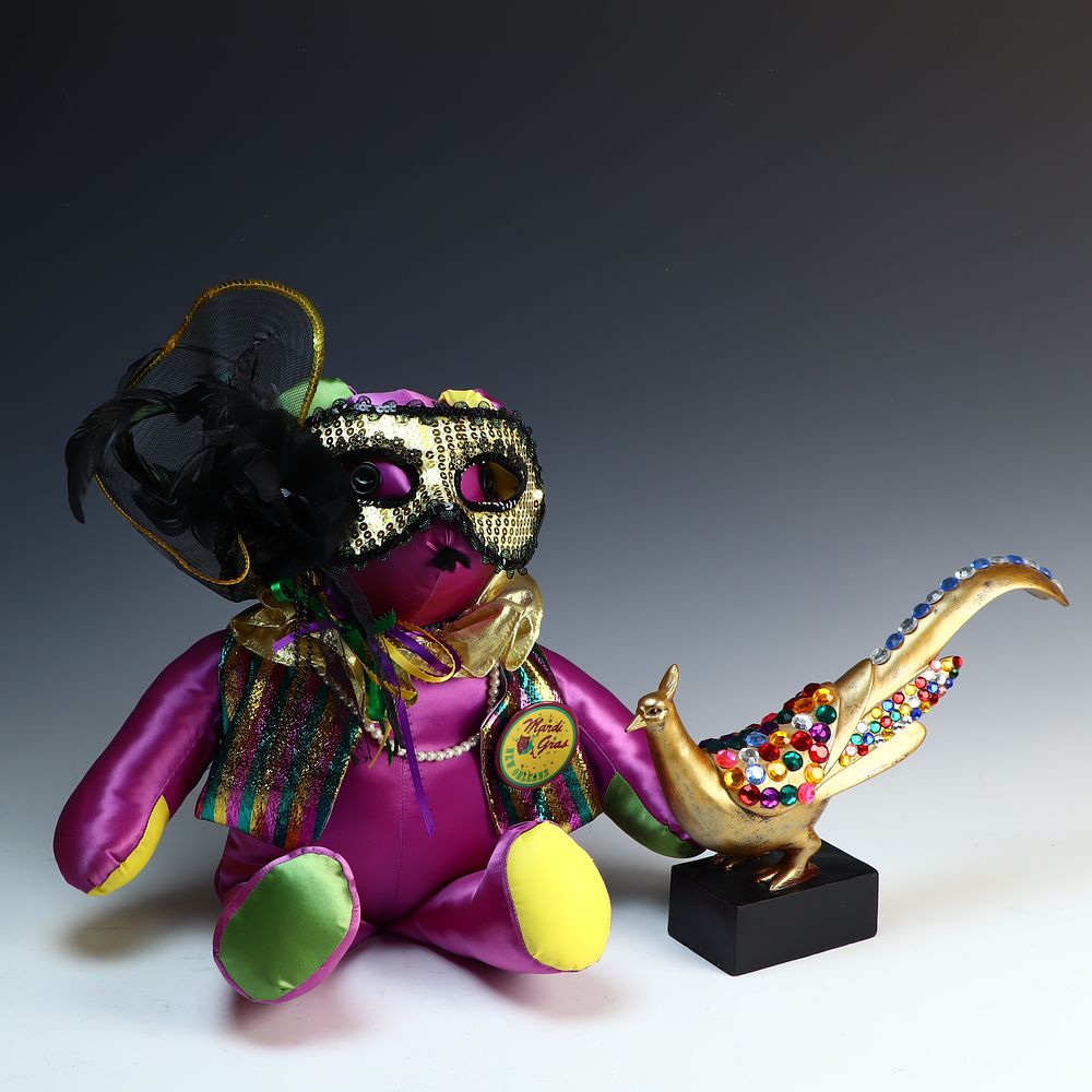 Lot 365: Mardi Gras Bear, mask, and bird décor