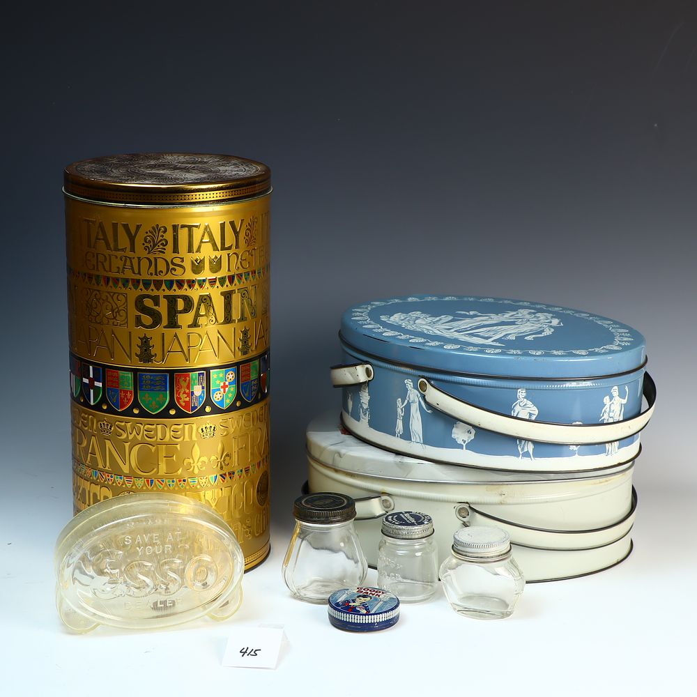 Lot 415: Vintage tin cans, Plastic Esso bank, Goody bank