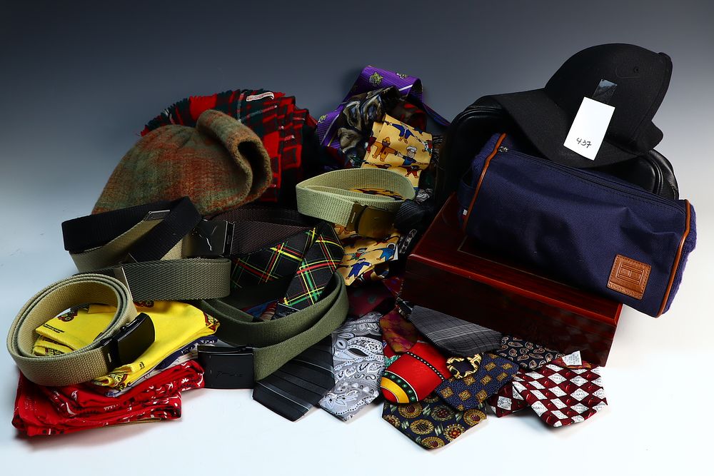 Lot 437: Lot of mens ties belts handkerchiefs