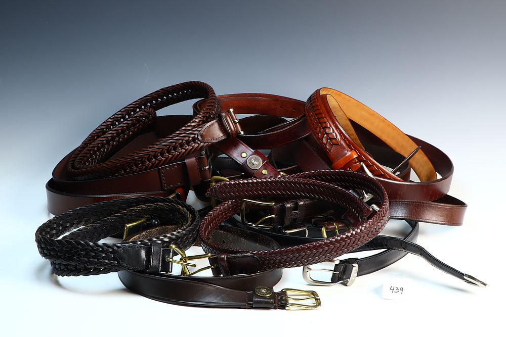 Lot 439: Lot of mens Leather belts, jewelry box and more